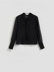 Jedwabna koszula z wiązaniem - ciemnoszary. Szare koszule Reserved, l, bez wzorów, z jedwabiu, bez kołnierzyka, bez ramiączek. Za 359.99 zł.