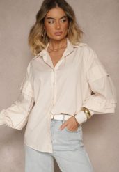 Jasnobeżowa Koszula z Bawełną i Szerokimi Rękawami Edioniela. Brązowe koszule Renee, m, bez wzorów, z bawełny, eleganckie, bez kołnierzyka, bez ramiączek. Za 69.99 zł.