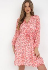 Różowa Sukienka Asootis. Czerwone sukienki Born2be, m, bez wzorów, z materiału, bez kołnierzyka, bez ramiączek, mini, kopertowe. Za 109.99 zł.