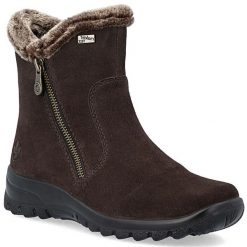 Wododporne skórzane botki damskie ocieplane ciemny brąz Rieker L7162-25. Brązowe botki Rieker, bez wzorów, ze skóry, bez obcasa, bez zapięcia. Za 399.00 zł.