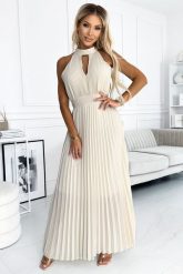 Beżowa Plisowana Sukienka z Dekoltem Typu Halter. Brązowe sukienki Numoco, uniwersalny, bez wzorów, z elastanu, wizytowe, bez kołnierzyka, bez ramiączek. Za 204.90 zł.