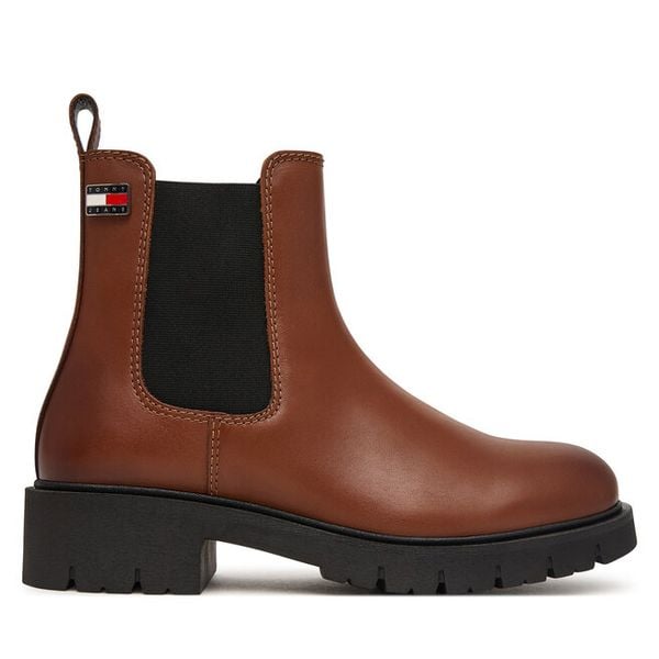 Sztyblety Tommy Jeans. Brązowe botki Tommy Jeans, bez wzorów, z jeansu, bez obcasa, na płaskiej podeszwie, bez zapięcia. Za 649.99 zł.