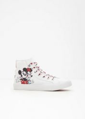 Wysokie sneakersy z Myszką Miki Disneya z bawełnianego płótna. Białe obuwie sportowe bonprix, z bawełny, bez zapięcia. Za 149.99 zł.