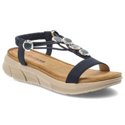 Sandały damskie Artiker, cholewka ze skóry ekologicznej cienkie paski z przodu elastyczny pasek na pięcie ozdobne metalowe detale, granatowe, 58C0005. Niebieskie sandały Artiker, bez wzorów, ze skóry ekologicznej, bez obcasa, na platformie, bez zapięcia. Za 169.00 zł.