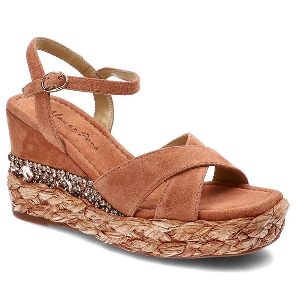 Pomarańczowe Sandały Alma En Pena Eleganckie Buty Na Koturnie. Brązowe sandały Alma en Pena, z aplikacjami, z zamszu, eleganckie, bez obcasa, na koturnie, bez zapięcia. Za 479.00 zł.