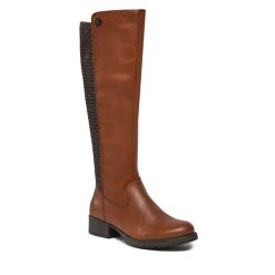 Kozaki Rieker. Brązowe kozaki Rieker, bez obcasa, na słupku, bez zapięcia. Za 309.99 zł.