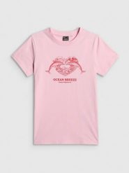 4F T-shirt regular z nadrukiem damski - różowy XS. Czerwone t-shirty 4f, xs, bez wzorów, z bawełny, bez kołnierzyka, bez ramiączek. Za 59.99 zł.