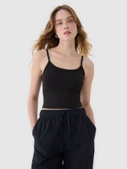 4F Crop-top slim damski - czarny M. Czarne topy 4f, m, bez wzorów, z dzianiny, bez kołnierzyka, bez ramiączek. W wyprzedaży za 19.99 zł.