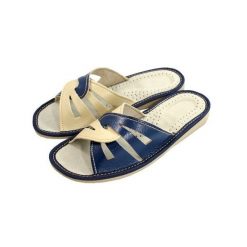 Kapcie damskie R.41 wygodne antypoślizgowe oddychające wsuwane klapki KD-05-DB-41. Niebieskie obuwie domowe bez wzorów, ze skóry, bez zapięcia. Za 23.37 zł.