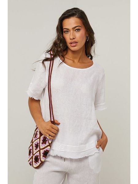 Le Monde du Lin Lniana bluzka w kolorze białym rozmiar: 40/42. Białe bluzki Le Monde du Lin, bez wzorów, ze lnu, klasyczne, bez kołnierzyka, bez ramiączek. Za 161.45 zł.