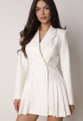 Biała Sukienka o Kroju Marynarki VICES z Poduszkami w Ramionach Serlina. Białe sukienki Born2be, na co dzień, l, bez wzorów, eleganckie, bez kołnierzyka, bez ramiączek, mini, kopertowe. Za 229.99 zł.