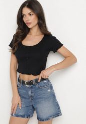 Czarny Bawełniany T-shirt o Dopasowanym Kroju z Guzikami Filareina. Czarne t-shirty Born2be, l, bez wzorów, z bawełny, bez kołnierzyka, bez ramiączek. Za 34.99 zł.