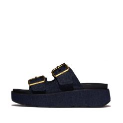 Damskie sandały na koturnie FitFlop Gen-FF Max. Niebieskie sandały FIT FLOP, bez wzorów, z denimu, klasyczne, bez obcasa, na koturnie, bez zapięcia. Za 715.50 zł.