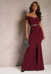 Bordowa Taliowana Sukienka Maxi z Rozcięciem Perlina. Czerwone sukienki Renee, l, bez wzorów, eleganckie, bez kołnierzyka, bez ramiączek, maxi, rozkloszowane. Za 149.99 zł.