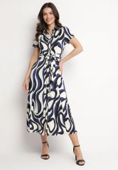 Niebieska Sukienka Koszulowa w Geometryczny Wzór z Paskiem Zimorae. Niebieskie sukienki Born2be, l, bez wzorów, eleganckie, bez kołnierzyka, bez ramiączek, koszulowe. Za 159.99 zł.