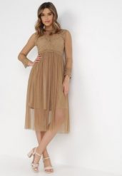 Ciemnobeżowa Sukienka Describi. Brązowe sukienki Born2be, na imprezę, l, bez wzorów, z koronki, eleganckie, bez kołnierzyka, bez ramiączek, midi, rozkloszowane. Za 109.99 zł.
