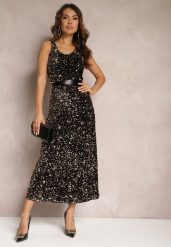 Brązowa Sukienka Maxi na Ramiączkach w Cekiny Misona. Czarne sukienki Renee, l, bez wzorów, bez kołnierzyka, bez ramiączek, maxi. Za 159.99 zł.