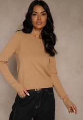 Ciemnobeżowy Gładki Sweter w Minimalistycznym Stylu Tevra. Brązowe swetry Renee, l, bez wzorów, z jeansu, bez ramiączek. Za 39.99 zł.