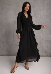 Czarna Rustykalna Sukienka Wieczorowa z Falbanami i Marszczeniem w Talii Himereanes. Czarne sukienki Renee, l, z aplikacjami, z materiału, wizytowe, bez kołnierzyka, bez ramiączek, maxi, rozkloszowane. Za 199.99 zł.