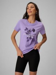 4F T-shirt regular z nadrukiem damski - fioletowy L. Fioletowe t-shirty 4f, l, bez wzorów, z bawełny, bez kołnierzyka, bez ramiączek. Za 69.99 zł.