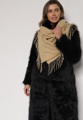 Beżowy Trójkątny Szalik Zdobiony Frędzlami Vetifara. Brązowe szaliki Born2be, na zimę, z aplikacjami, z jeansu, eleganckie. Za 34.99 zł.