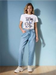 Jeansy mom fit z efektem sprania - niebieski. Niebieskie jeansy Sinsay, l, bez wzorów. Za 69.99 zł.