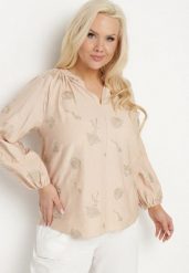 Beżowa Bluzka z Dekoltem w Serek i Haftowanymi Zdobieniami z Metaliczną Nicią Sovbia. Brązowe bluzki Born2be, plus size, z aplikacjami, z jeansu, bez kołnierzyka, plus size, bez ramiączek. W wyprzedaży za 84.99 zł.