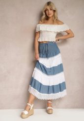 Niebiesko-Biała Spódnica z Bawełny w Stylu Boho z Gumką i Sznurkiem w Talii Uvinia. Niebieskie spódnice Renee, na lato, l, bez wzorów, z bawełny, boho, maxi. Za 54.99 zł.