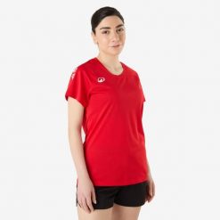 Koszulka do piłki ręcznej damska Atorka H100. Czerwone bluzki KIPSTA, m, bez wzorów, z materiału, sportowe, bez kołnierzyka, bez ramiączek. Za 44.99 zł.