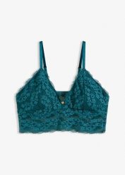 Biustonosz bustier bez fiszbinów, z kwiatową koronką. Niebieskie biustonosze bonprix, bez wzorów, z koronki. Za 74.99 zł.