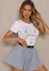 Biało-Niebieski T-shirt z Bawełny z Nadrukiem Zarive. Białe t-shirty Renee, l, bez wzorów, z bawełny, bez kołnierzyka, bez ramiączek. Za 29.99 zł.