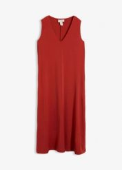 Sukienka midi w fasonie o linii litery A. Brązowe sukienki bonprix, bez wzorów, bez kołnierzyka, bez ramiączek, midi. Za 179.99 zł.