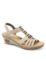 Rieker Sandały V2451-62 Beżowy. Brązowe sandały Rieker, bez wzorów, z materiału, bez obcasa, na koturnie, bez zapięcia. Za 259.99 zł.