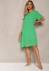 Zielona Plisowana Sukienka o Rozkloszowanym Kroju Orxiala. Zielone sukienki Renee, l, bez wzorów, eleganckie, bez kołnierzyka, bez ramiączek, mini, rozkloszowane. Za 54.99 zł.