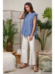 Lin Passion Lniana koszulka w kolorze niebieskim rozmiar: 40/42. Niebieskie bluzki Lin Passion, bez wzorów, ze lnu, klasyczne, bez kołnierzyka, bez ramiączek. Za 121.99 zł.