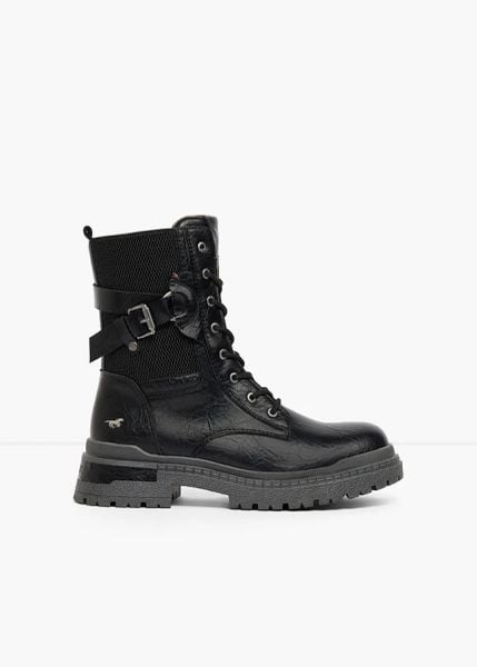 Botki sznurowane Mustang z klamrami. Czarne botki bonprix, bez wzorów, bez obcasa, bez zapięcia. Za 229.99 zł.
