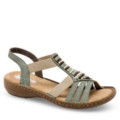 Sandały Rieker. Zielone sandały Rieker, bez wzorów, bez obcasa, na płaskiej podeszwie, bez zapięcia. Za 239.99 zł.