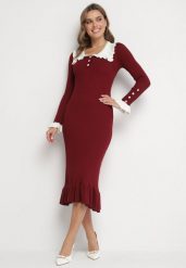 Bordowa Dzianinowa Sukienka Retro z Wiskozą z Kołnierzykiem i Falbanami Hanlira. Czerwone sukienki Born2be, na co dzień, m, bez wzorów, z dzianiny, eleganckie, bez kołnierzyka, bez ramiączek, midi, ołówkowe. Za 149.99 zł.