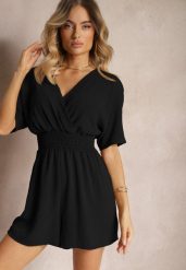Czarny Kombinezon Kopertowy z Gumką w Pasie Fandrea. Czarne sukienki Renee, bez wzorów, z jeansu, eleganckie, bez kołnierzyka, bez ramiączek, kopertowe. Za 44.99 zł.