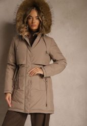 Ciemnobeżowa Klasyczna Kurtka Parka z Kapturem z Futrem Nalisava. Brązowe kurtki Renee, l, z dzianiny, klasyczne, z kapturem. Za 319.99 zł.