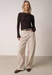 Beżowe Bawełniane Jeansy o Kroju Balloon z Wysokim Stanem i Przeszyciami Katameia. Brązowe jeansy Born2be, l, bez wzorów, z podwyższonym stanem. Za 109.99 zł.