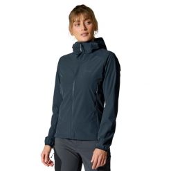 Kurtka softshellowa damska Rab Borealis Hoody z kapturem. Czarne kurtki sportowe RAB, bez wzorów, z softshellu, z kapturem, trekkingowe. Za 539.99 zł.