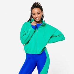Bluza z kapturem damska Domyos fitness. Zielone bluzy DOMYOS, s, bez wzorów, z bawełny, z kapturem. Za 129.99 zł.