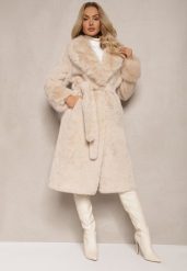 Beżowy Futrzany Płaszcz z Wiązanym Paskiem Ozdobnym Kołnierzem i Mankietami Viaressa. Brązowe płaszcze Renee, l, bez wzorów, z futra, bez kaptura. Za 309.99 zł.
