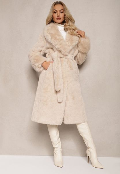 Beżowy Futrzany Płaszcz z Wiązanym Paskiem Ozdobnym Kołnierzem i Mankietami Viaressa. Brązowe płaszcze Renee, l, bez wzorów, z futra, bez kaptura. Za 329.99 zł.