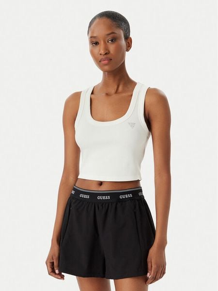 Guess Top V6GP07 K2987 Biały Slim Fit. Białe topy Guess, m, z aplikacjami, z wiskozy, bez kołnierzyka, bez ramiączek. Za 131.99 zł.