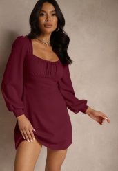 Fioletowa Sukienka Ozdobione Bufiastymi Rękawami Sopivara. Fioletowe sukienki Renee, na co dzień, m, bez wzorów, eleganckie, bez kołnierzyka, bez ramiączek, mini. Za 89.99 zł.