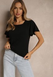 Czarna Bluzka z Rozkloszowanymi Rękawami Sunelva. Czarne bluzki Renee, s, bez wzorów, z jeansu, eleganckie, bez kołnierzyka, bez ramiączek. W wyprzedaży za 31.99 zł.