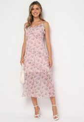 Jasnoróżowa Rozkloszowana Sukienka na Cienkich Ramiączkach z Dekoltem w Serek i Falbankami Pelviana. Czerwone sukienki Born2be, na lato, s, bez wzorów, eleganckie, bez kołnierzyka, bez ramiączek, midi, dopasowane. Za 169.99 zł.