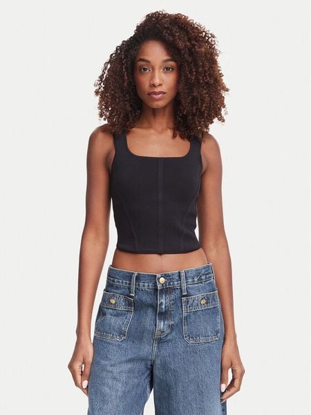 Guess Top W6YZ08 Z0979 Czarny Slim Fit. Czarne topy Guess, xs, z aplikacjami, z syntetyku, bez kołnierzyka, bez ramiączek. Za 214.99 zł.